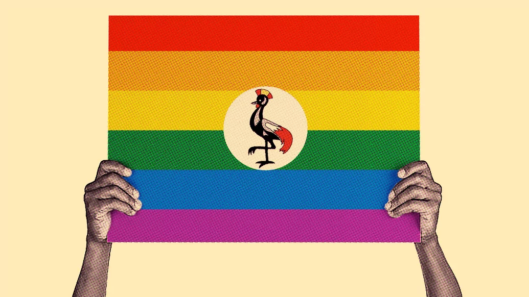 The Ugandan flag combined with the pride flag on a yellow background 